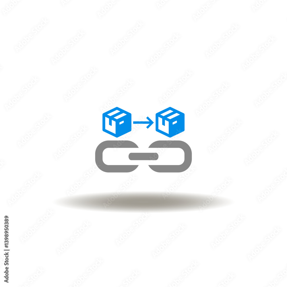 Vector illustration of chain and packaging boxes with arrow right. Icon of distribution, logistics, procurement. Symbol of SCM Supply Chain Management.