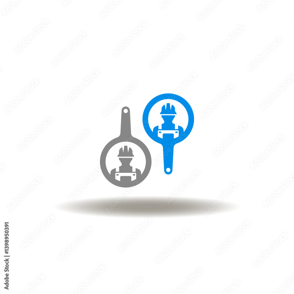 Vector illustration of magnifying glasses with workers. Symbol of industrial recruitment or HR. Icon of engineers search.