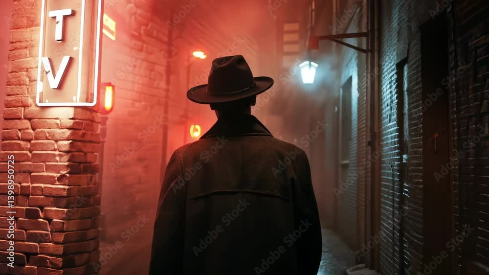 Retro Noir Scene with Mysterious Hat-Wearing Man Walking Through Foggy Urban Alleyway. Concept of Mystery, Vintage Style, Night Exploration Retro Noir Scene with Mysterious Hat-Wearing Man Walking Through Foggy Urban Alleyway. Concept of Mystery, Vintage Style, Night Exploration