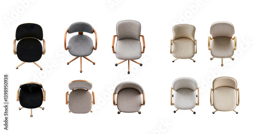Set Highly detailed top view of elegant designer office chair with copper, gold or champagne frame and expensive fabric upholstery, for design floor;