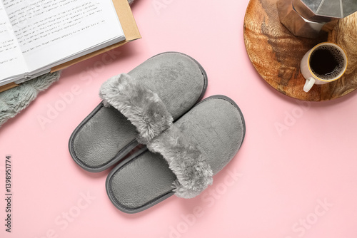 Grey slippers, coffee and o...