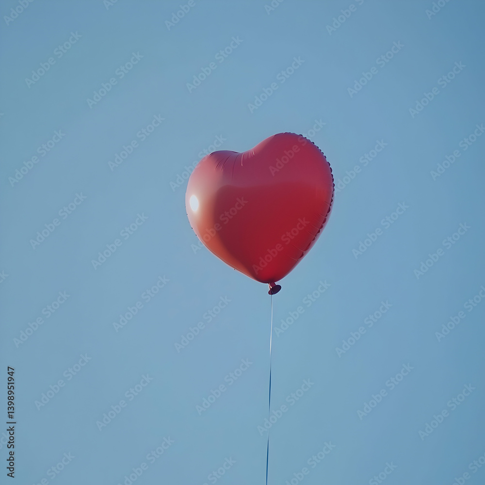 Red heart-shaped balloon floats in a clear blue sky; romantic, love, hope concept; ideal for Valentine's Day cards Red heart-shaped balloon floats in a clear blue sky; romantic, love, hope concept; ideal for Valentine's Day cards