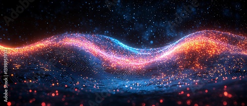 A digital transformation business banner with swirling data flows merging into a luminous circuit board, representing innovation and AI-driven progress, vibrant futuristic lighting.