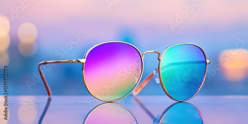 fashion accessories, rainbow shades intertwined on reflective surface, clear, with blurred city skyline in backdrop