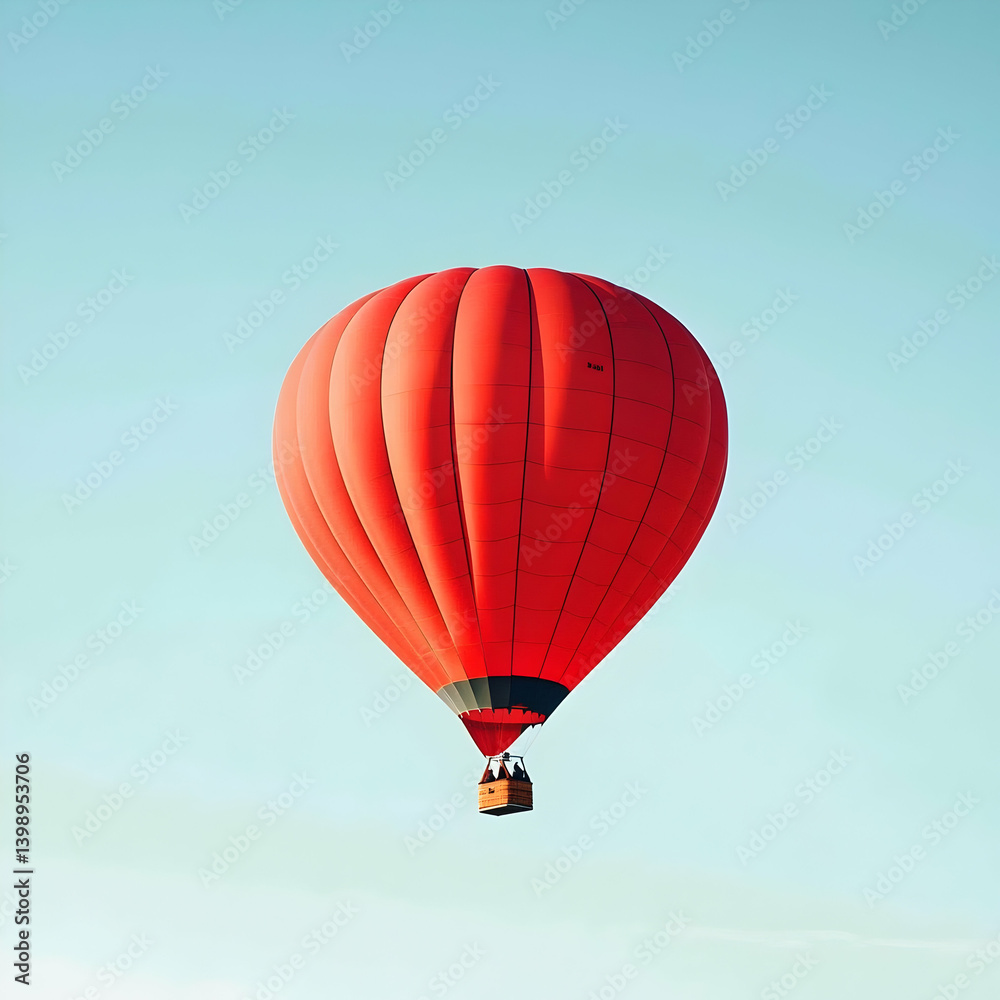 Fototapeta premium Red hot air balloon soaring in a clear blue sky, idyllic travel adventure