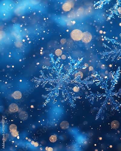 A dreamy and ethereal winter bokeh background with soft, glistening snowflakes illuminated by cool blue light.