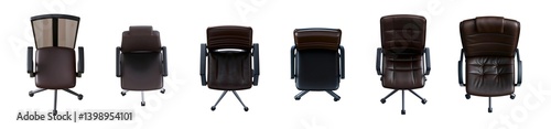 set of the Highly detailed top view of office director chair made of dark brown chocolate leather on transparent background, for floor design;