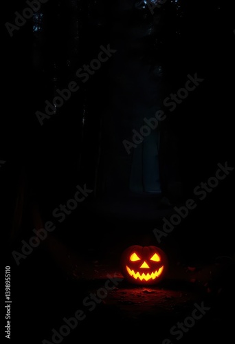 Glowing jack-o'-lantern illuminates a dark, shadowy forest trail, thriller, autumn