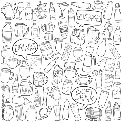 Drinks and Beverages Doodle Icon Hand Draw Line Art	
