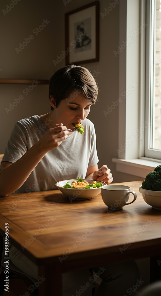 A person eating slowly and consciously at a quiet table, savoring each bite of a simple, healthy meal. Natural light and earthy tones reinforce the calm mood A person eating slowly and consciously at a quiet table, savoring each bite of a simple, healthy meal. Natural light and earthy tones reinforce the calm mood