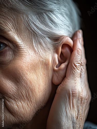 Close-up of an elderly person's ear emphasizing texture and listening gesture in natural light : Generative AI