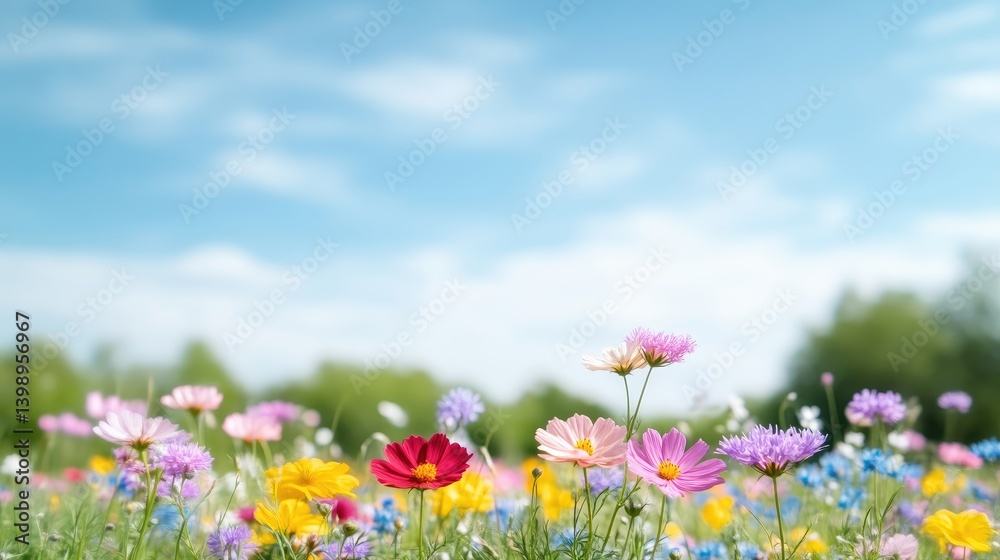 Vibrant colorful flowers field under a clear blue sky. A multitude of blossoms in various hues, including pinks, reds, purples, and yellows, are in full bloom. Vibrant colorful flowers field under a clear blue sky. A multitude of blossoms in various hues, including pinks, reds, purples, and yellows, are in full bloom.