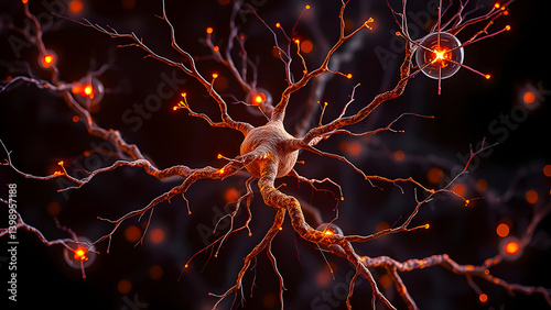 The structure of a neuron with its network, golden flashes, impulses and connections.