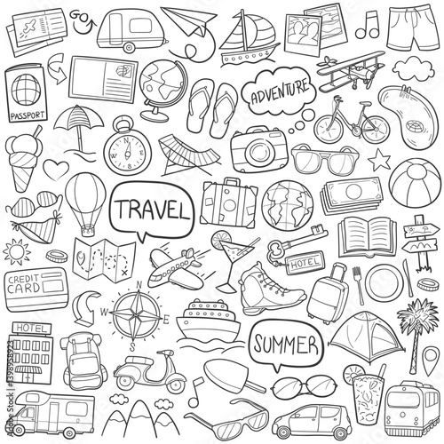 Time to Travel Doodle Line Art Illustration. Hand Drawn Vector Clip Art Set. 