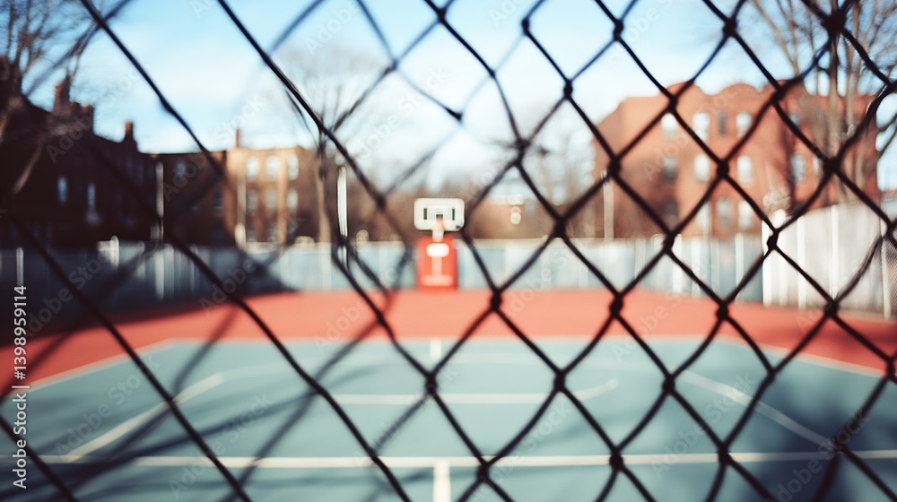 Focused View of a Basketball Hoop Through a Chain Link Fence on a Bright Outdoor Court : Generative AI