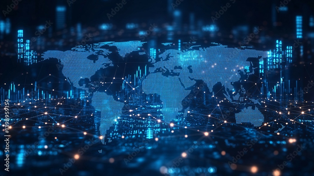 Fototapeta premium Digital world map with glowing lights represents technology and global connectivity.