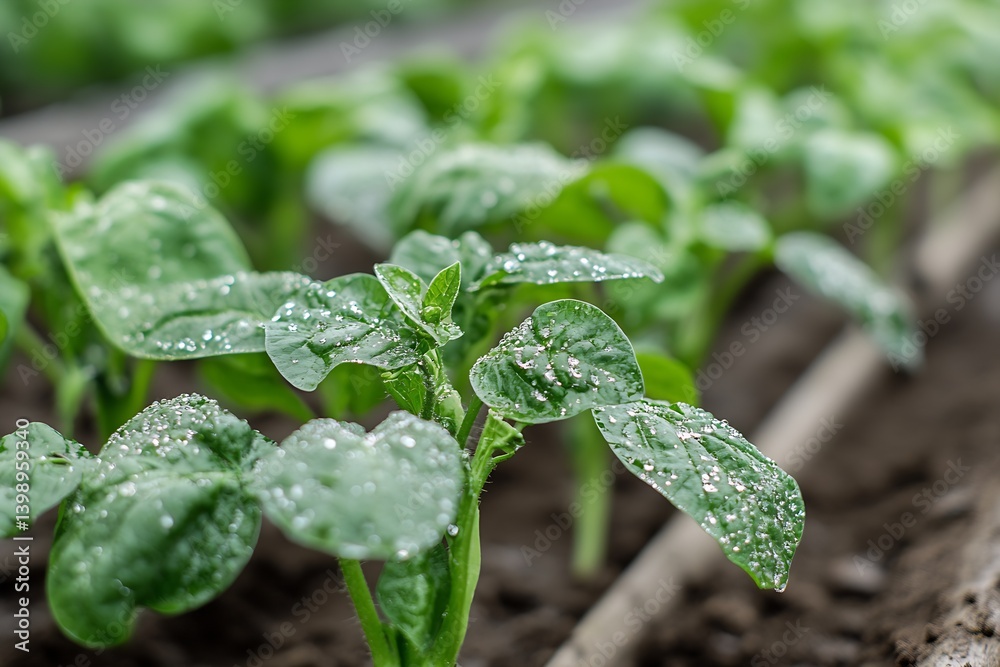 Green Vegetable Seedlings with Dew Drops in a Fertile Agricultural Setting : Generative AI