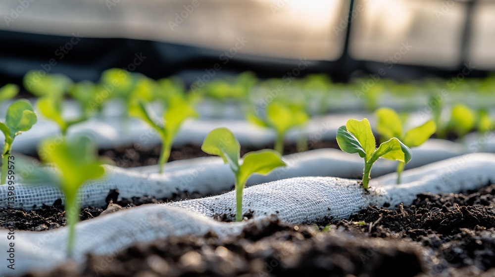 Healthy green seedlings growing in rows on fabric mulch inside a greenhouse setting : Generative AI