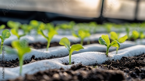 Healthy green seedlings growing in rows on fabric mulch inside a greenhouse setting : Generative AI