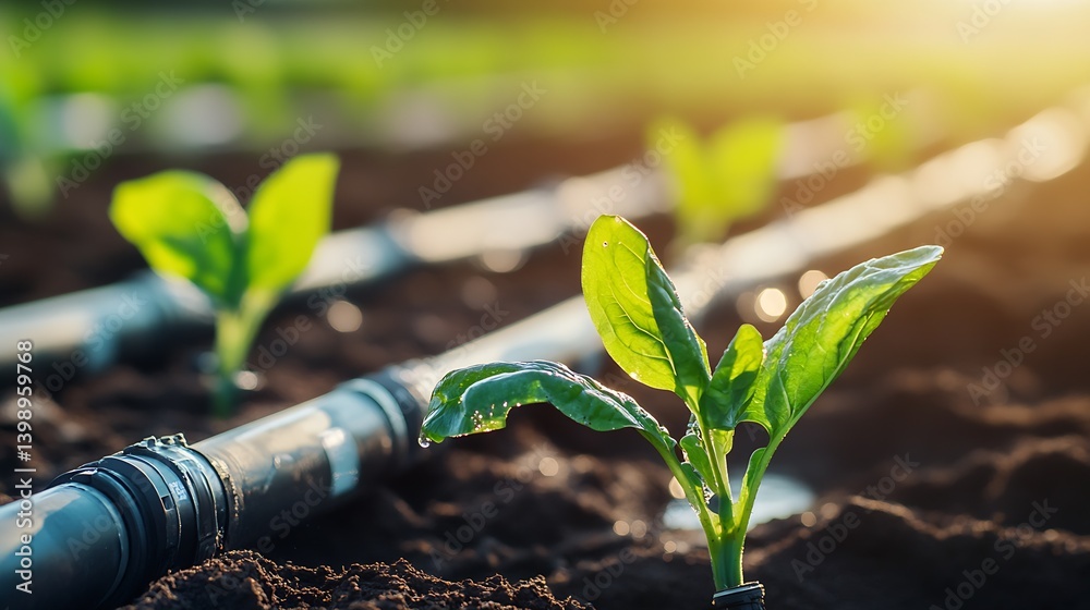 Close-up shot of lush green plants growing along an irrigation line in an agricultural setting : Generative AI