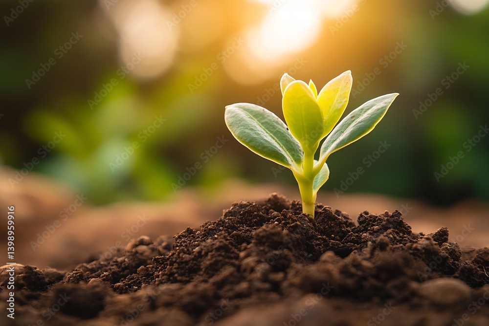A close-up view of a small plant emerging from soil with fresh leaves basking in sunlight : Generative AI