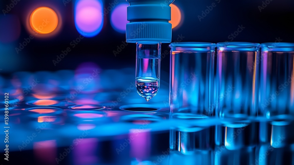Close up of a lab dropper dispensing liquid in a modern scientific setting with vibrant lighting : Generative AI
