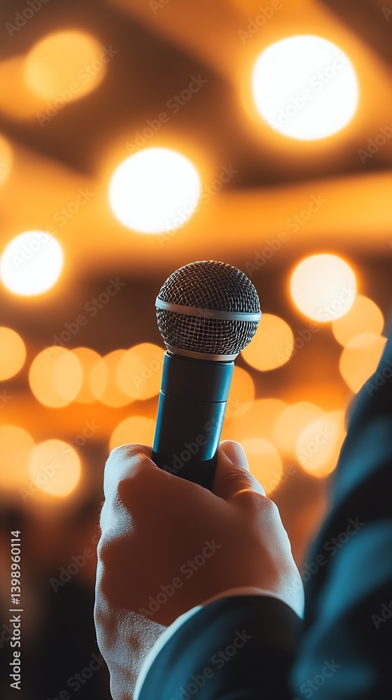 Elegant scene featuring a hand gripping a microphone amidst glowing bokeh lights at a gathering : Generative AI