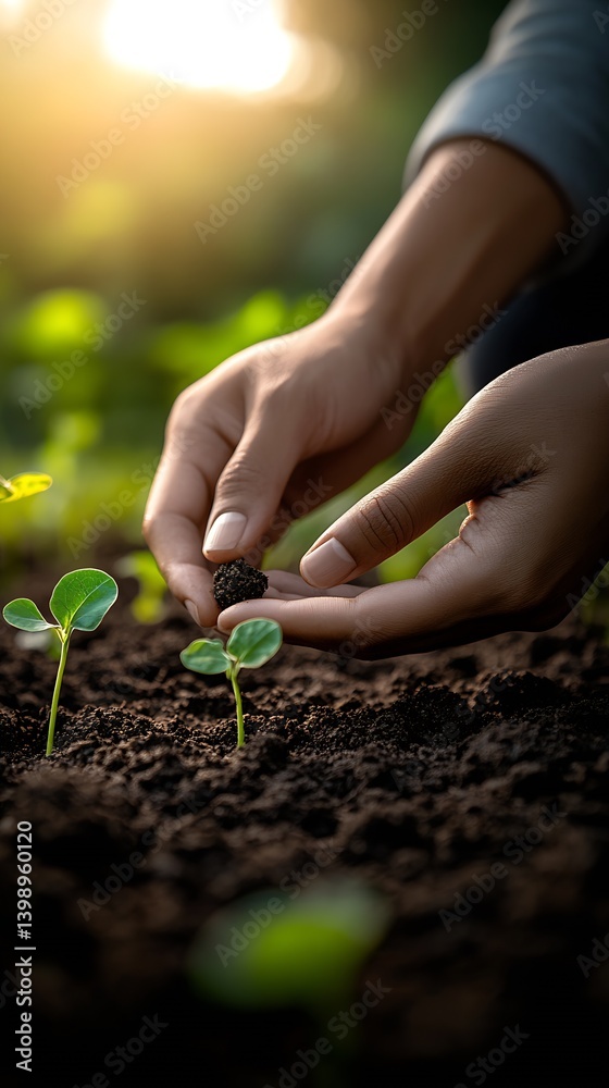 Nurturing Young Plant with Rich Soil and Nutrient Granule Addition Under Warm Light : Generative AI
