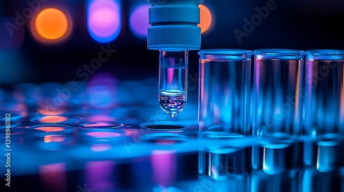 Obraz na płótnie Close up of a lab dropper dispensing liquid in a modern scientific setting with vibrant lighting : Generative AI w salonie