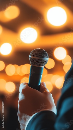 Obraz na płótnie Elegant scene featuring a hand gripping a microphone amidst glowing bokeh lights at a gathering : Generative AI w salonie