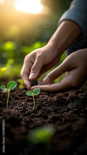 Obraz na płótnie Nurturing Young Plant with Rich Soil and Nutrient Granule Addition Under Warm Light : Generative AI w salonie