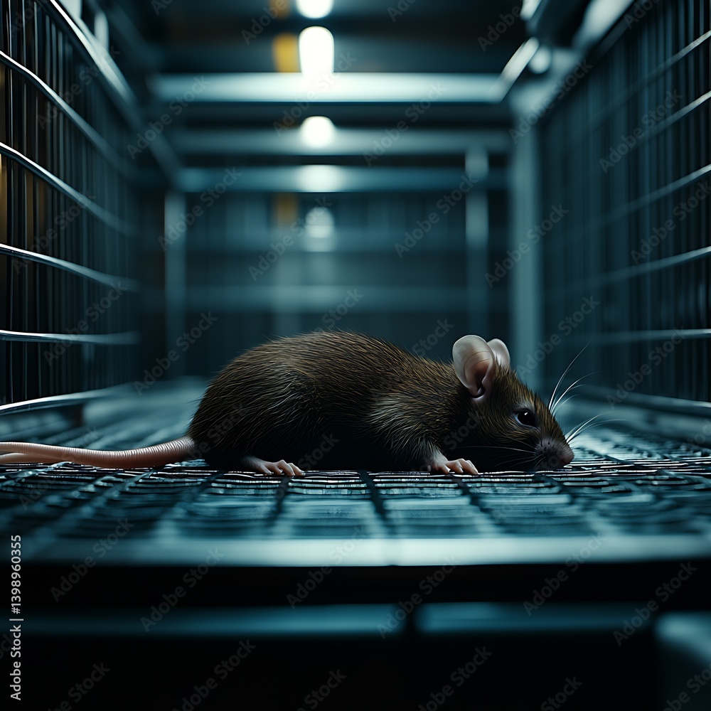 Close-up of a Brown Mouse in a Cage Showcasing Detailed Fur and Concentrated Expression : Generative AI