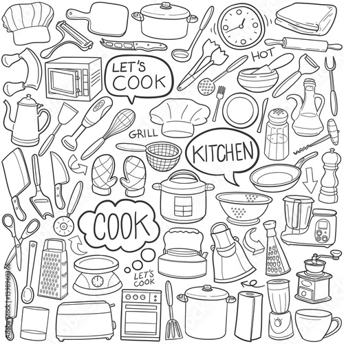 Kitchen Tools Doodle Line Art Illustration. Hand Drawn Vector Clip Art Set.