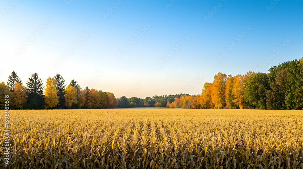 Obraz premium Golden Cornfield Autumn Landscape With Colorful Trees