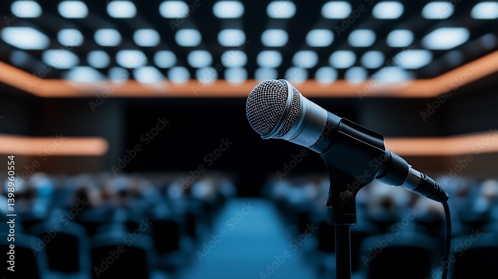 Close-up of a microphone positioned in front of an audience, enhancing the atmosphere of a formal presentation or lecture setting : Generative AI