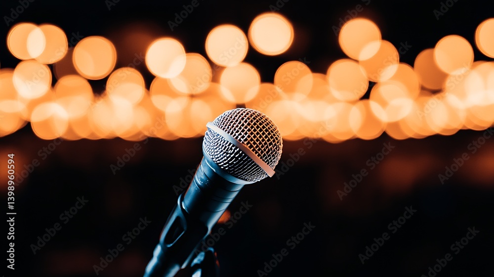 Dynamic view of a microphone in front of dazzling bokeh lights for an electrifying musical vibe : Generative AI