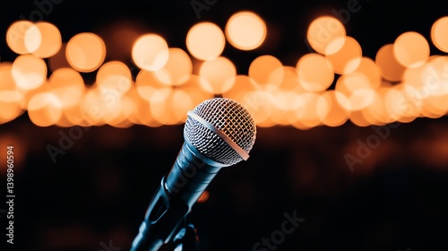 Dynamic view of a microphone in front of dazzling bokeh lights for an electrifying musical vibe : Generative AI