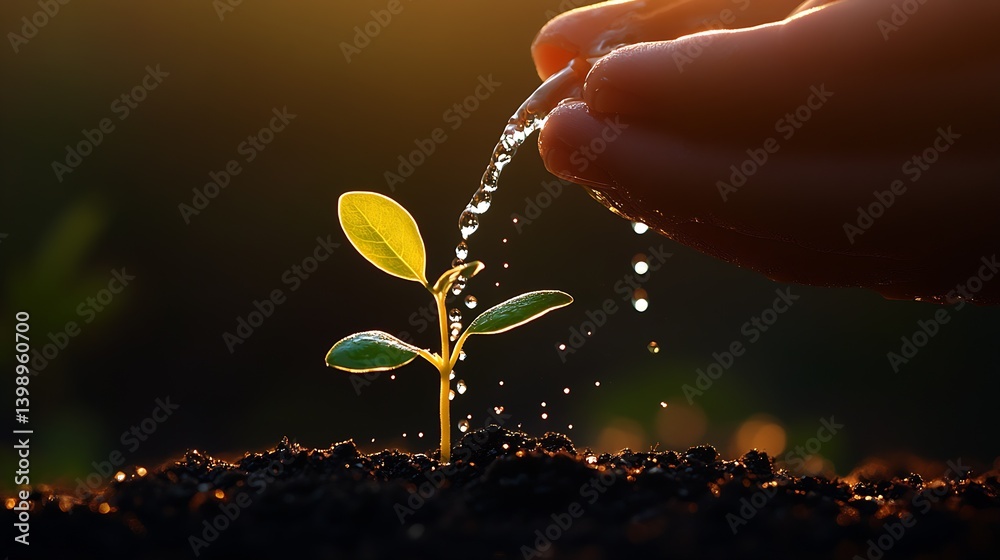 Close-up of a hand watering a small sprout with glistening droplets in soft sunset light : Generative AI