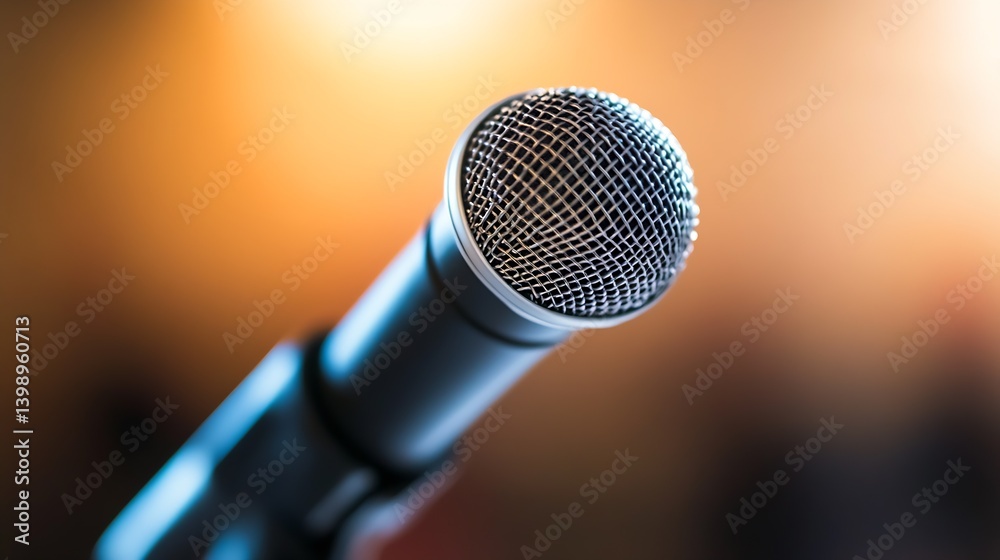 Detailed View of a Microphone Capturing Sound with a Warm Glow in the Background : Generative AI