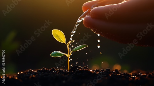 Obraz na płótnie Close-up of a hand watering a small sprout with glistening droplets in soft sunset light : Generative AI w salonie