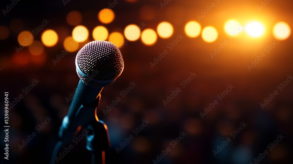 Artistic shot of a microphone capturing the essence of live performance with glowing lights in the background : Generative AI
