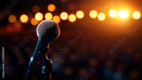Obraz na płótnie Artistic shot of a microphone capturing the essence of live performance with glowing lights in the background : Generative AI w salonie