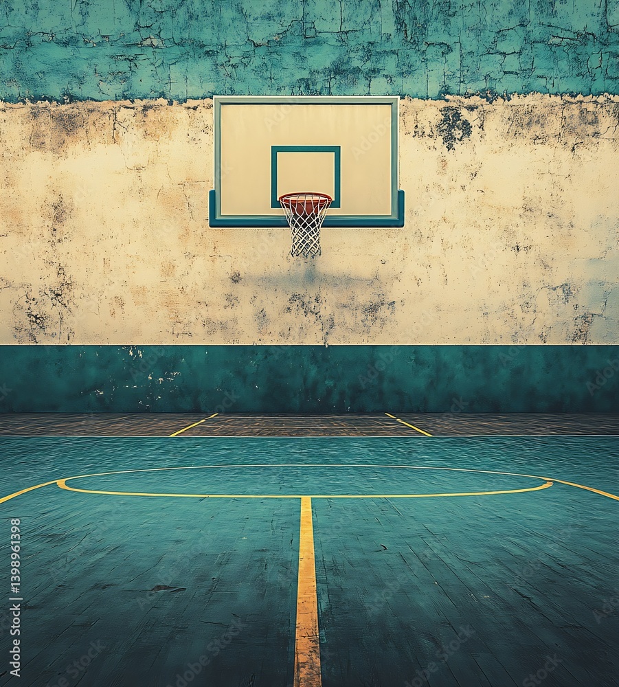 Serene basketball court lined with turquoise wall under clear blue sky backdrop : Generative AI