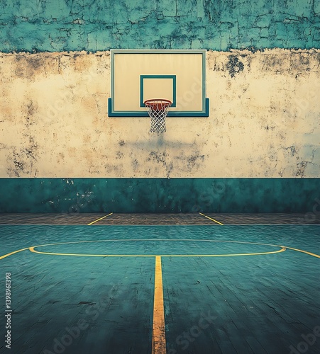 Obraz na płótnie Serene basketball court lined with turquoise wall under clear blue sky backdrop : Generative AI w salonie