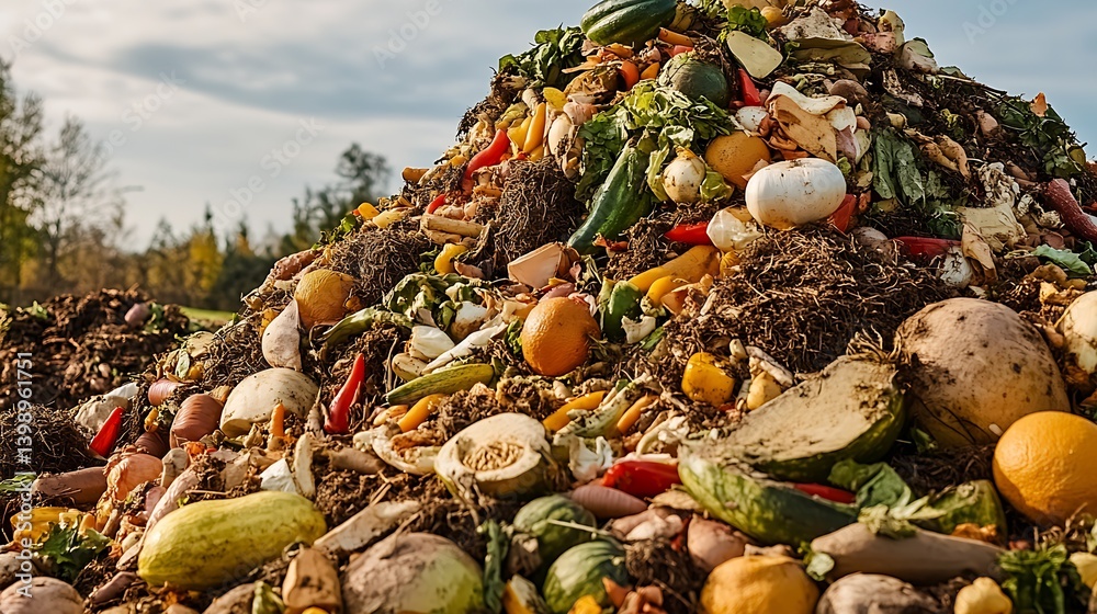 A colorful mound of food scraps featuring a mixture of vegetables and fruits in the composting process on a sunny day : Generative AI
