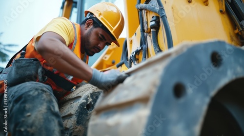 A Hispanic construction worker performing maintenance on construction equipment. Featuring equipment upkeep and machinery skills