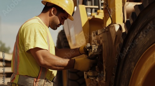 A Hispanic construction worker performing maintenance on construction equipment. Featuring equipment upkeep and machinery skills