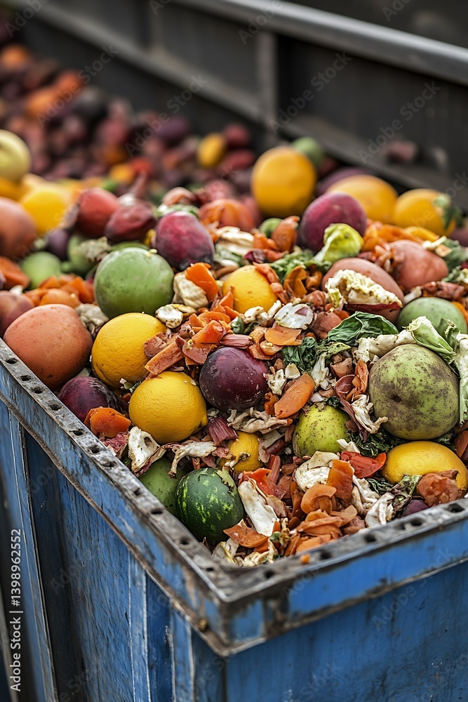 A Bountiful Collection of Rotting Fruits and Vegetables in a Blue Container : Generative AI