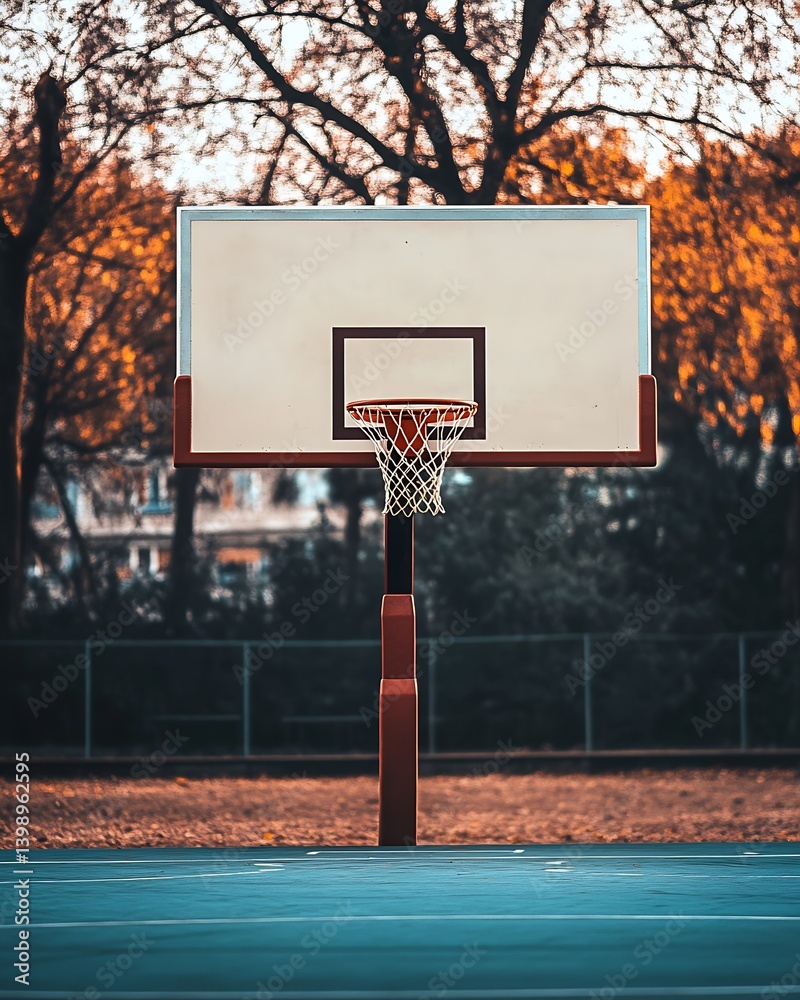 Charming basketball hoop surrounded by warm autumn hues illustrating a beautiful quiet court space : Generative AI