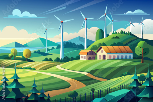 vector of Beautiful countryside with modern wind farm, renewable energy and sustainable development concept, wind turbines in green pastures, alternative energy,